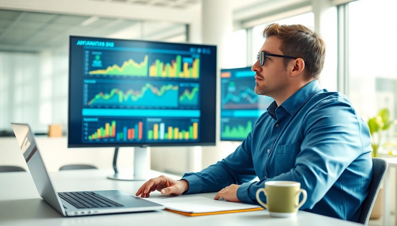 Visualize New product demand forecasting trends with a data analyst in a high-tech office setting.