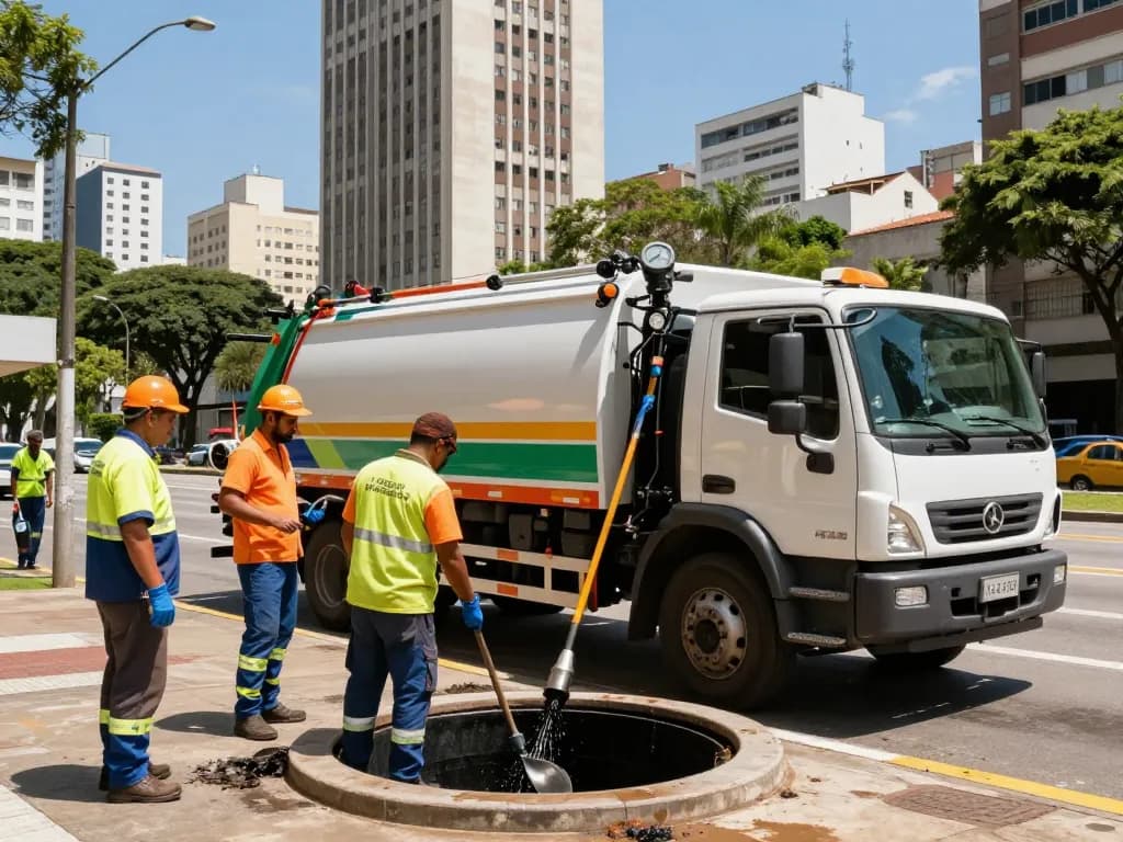 Limpa fossa em São Paulo, sanitation team cleaning septic tank with modern equipment in an urban setting.