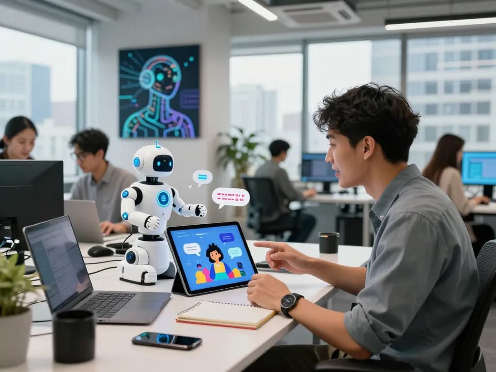 Engaging in lively conversations with crush on ai technology in a modern workspace