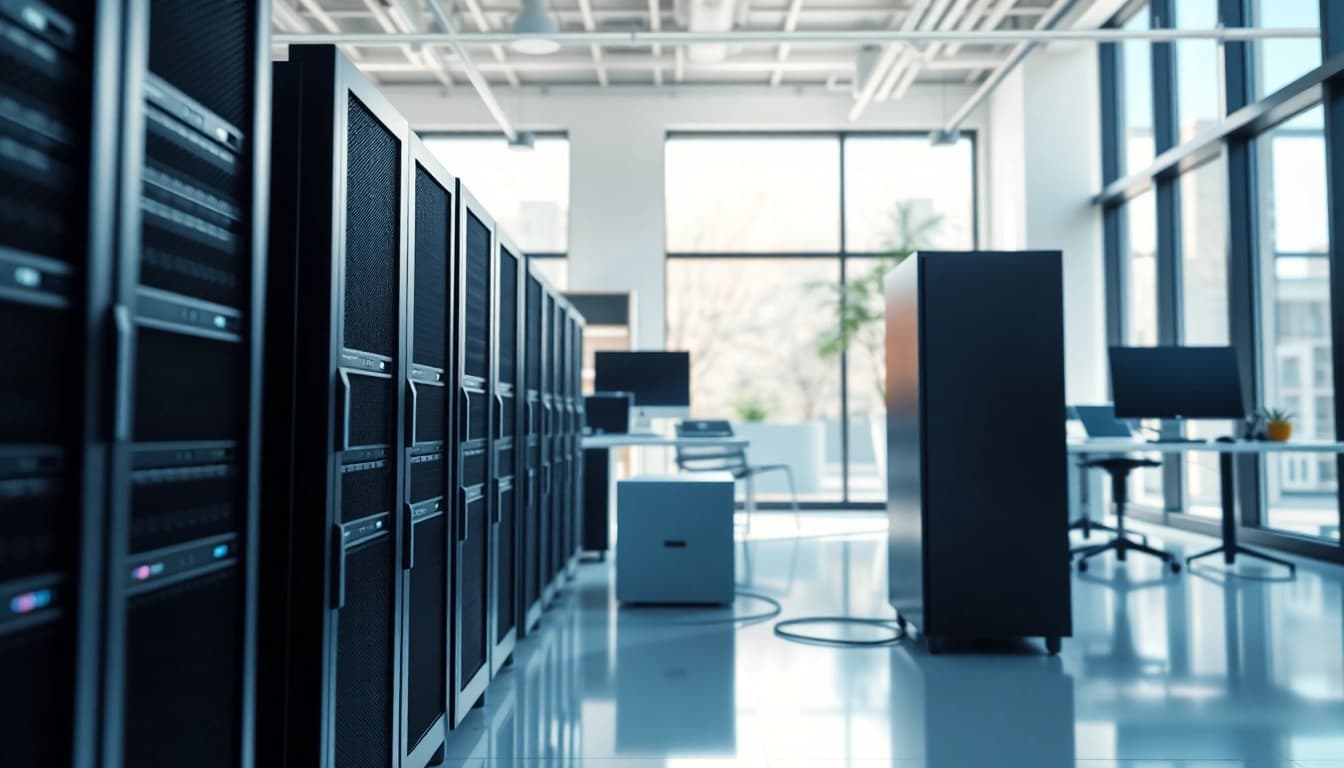 Showcase a professional adult web hosting setup with organized servers and workspace.
