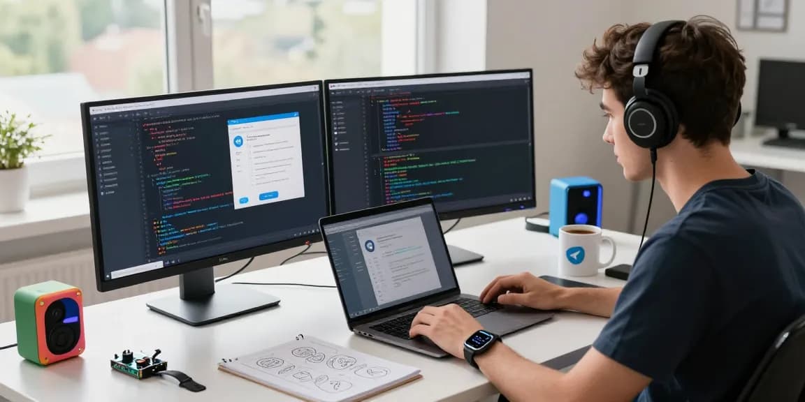 Developer engaging with Telegram Web Version in a modern workspace, showcasing coding and app interface.