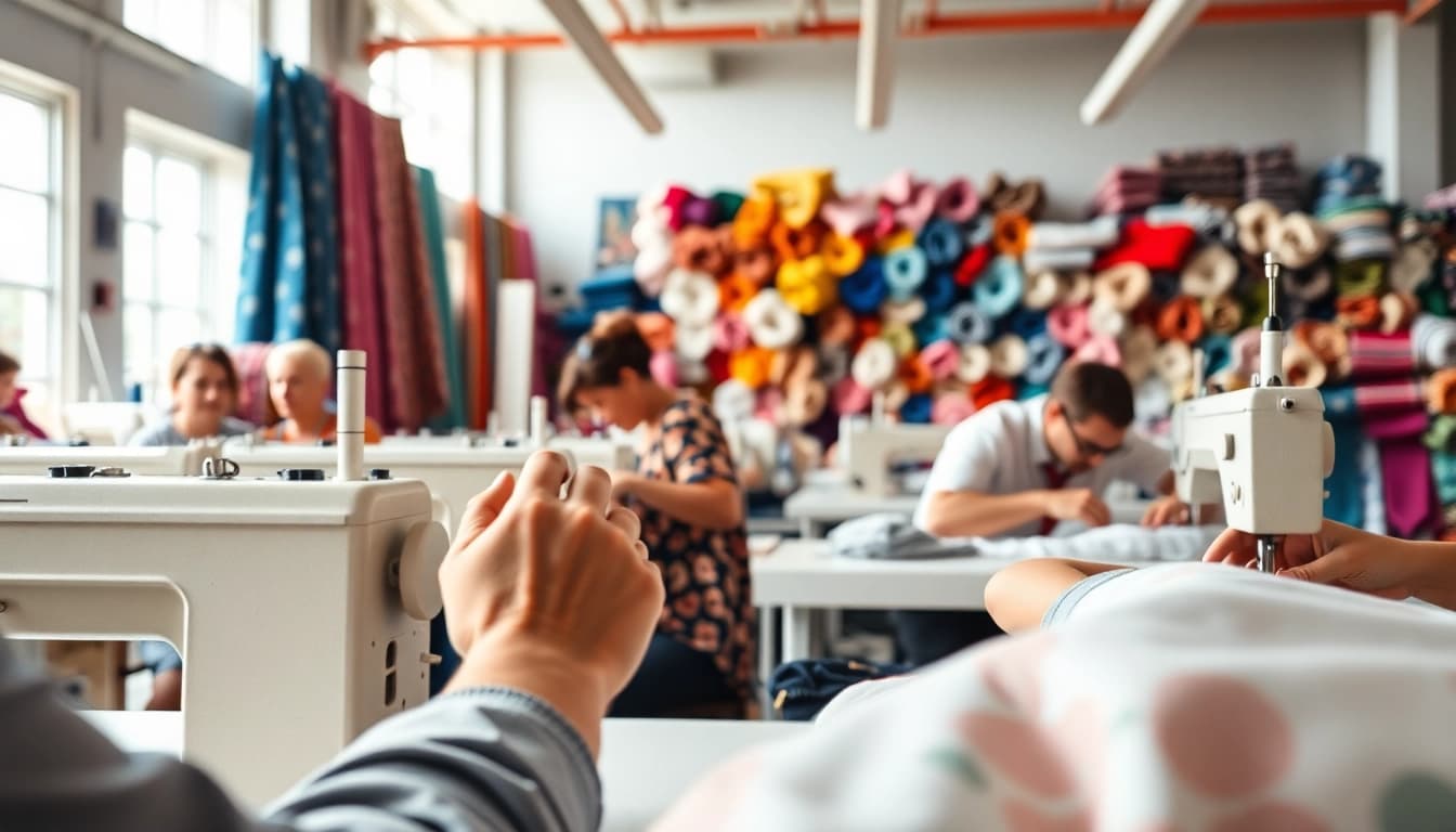 Dynamic scene of a clothes manufacturer crafting garments in a vibrant studio environment.