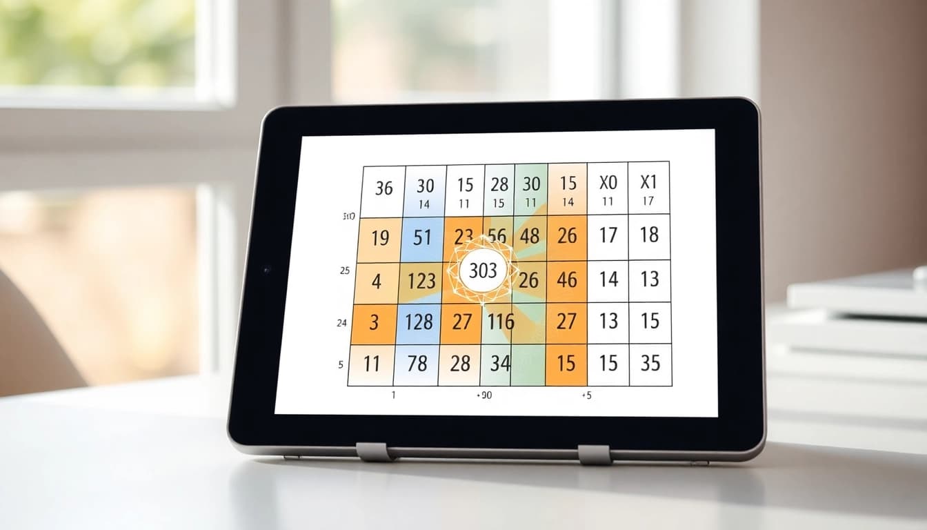 Engage with the Destiny Matrix Chart App interface on a sleek tablet, showcasing vibrant insights and analyses.